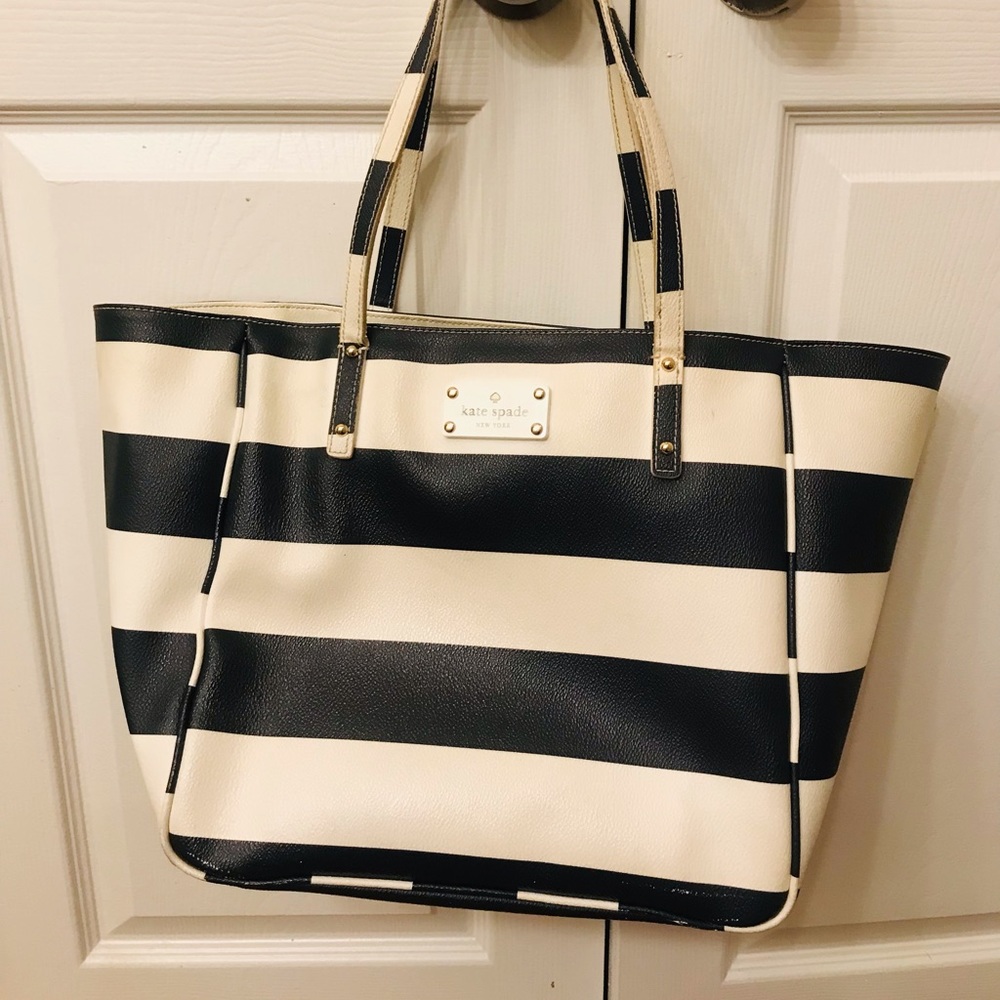 COPY - Kate Spade Medium Leather Tote. Dark blue and white stripe trim.